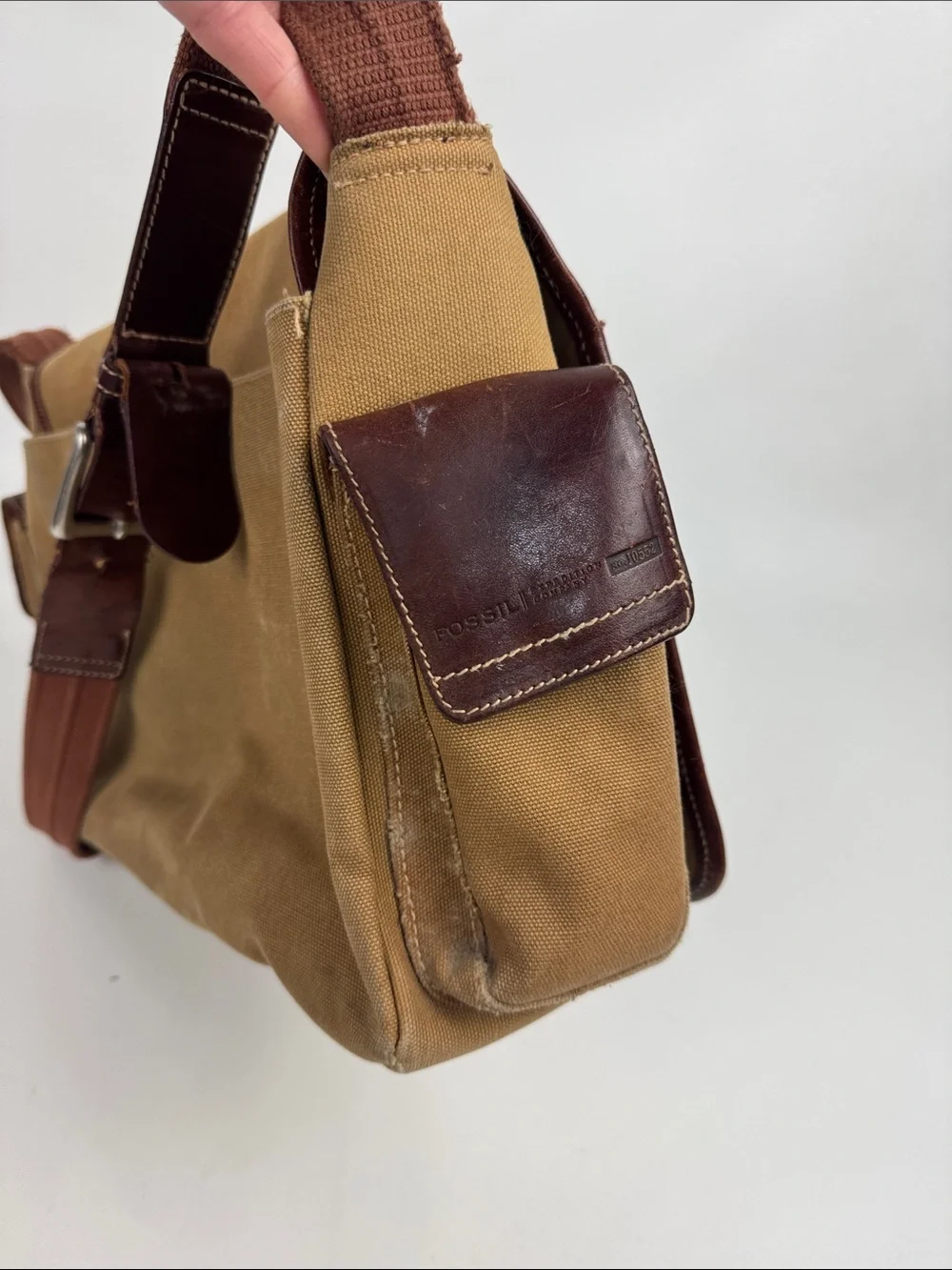 Vintage Fossil Tan Canvas Messenger crossbody Bag Brown Leather Trim Pockets